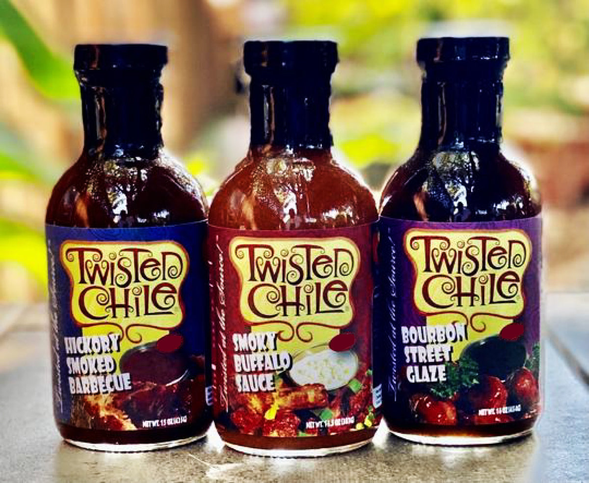 Twisted Chile Gift Box including Hickory Barbecue, Buffalo Sauce and Bourbon Glaze. Great for any outdoor Grilling/BBQ party of Tailgate Party